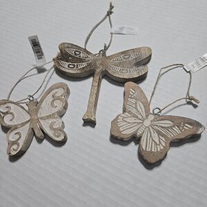Set of 3 Wooden Butterfly and Dragonfly Ornaments Rustic Decor  NEW